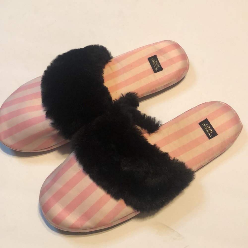 Victoria’s Secret striped black & pink fur slippers